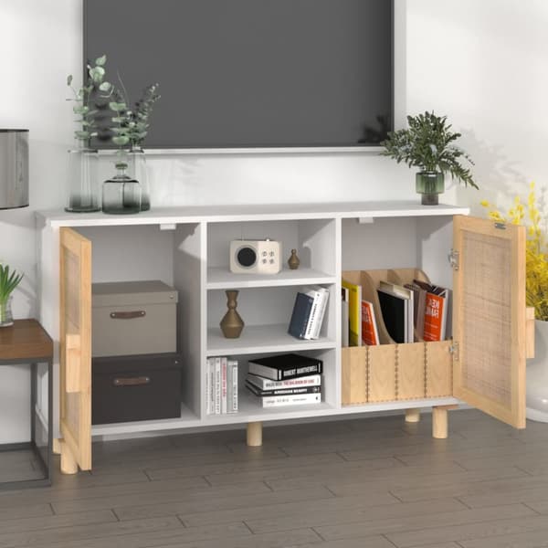The Living Store Senkki valkoinen 105x30x60 cm täysi mänty ja luonnonrottinki - Tarjoilupöydät & senkit