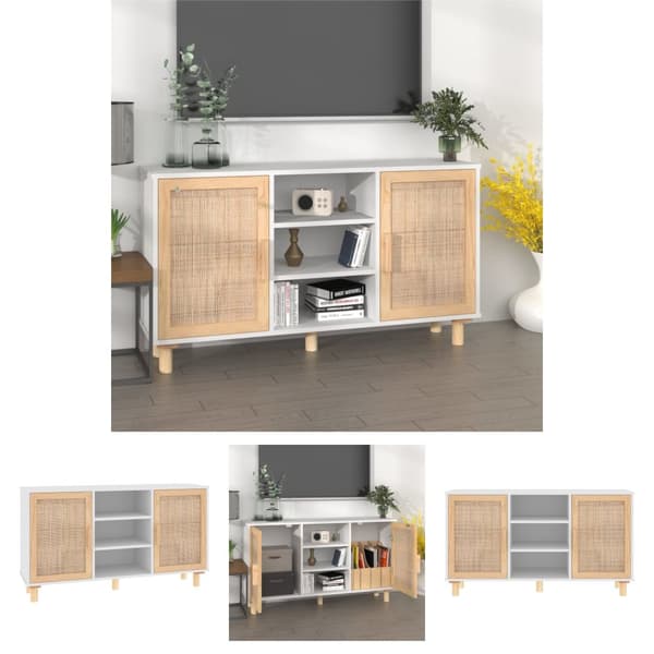 The Living Store Senkki valkoinen 105x30x60 cm täysi mänty ja luonnonrottinki -  Tarjoilupöydät & senkit