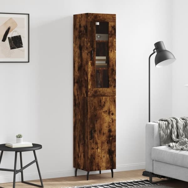 The Living Store Högskåp rökfärgad ek 34,5x34x180 cm konstruerat trä - Skänkar & serveringsbord