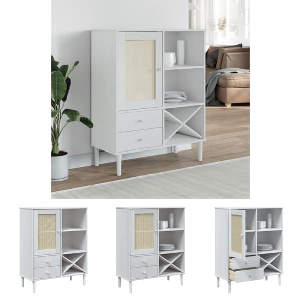 The Living Store skænk SENJA 90x40x112 cm rattan-look massivt fyrretræ hvid -  Skænke