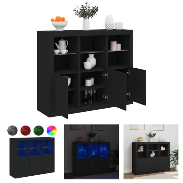 The Living Store Senkit LED-valoilla 3 kpl musta tekninen puu -  Tarjoilupöydät & senkit