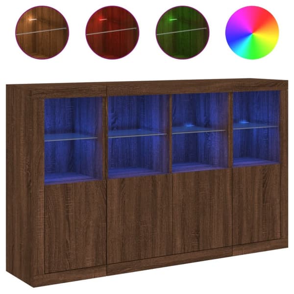 The Living Store Senkit LED-valoilla 3 kpl ruskea tammi tekninen puu -  Tarjoilupöydät & senkit