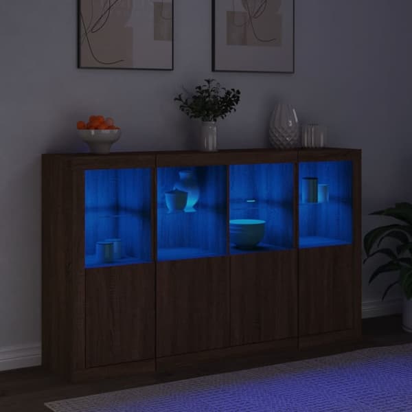 The Living Store Senkit LED-valoilla 3 kpl ruskea tammi tekninen puu -  Tarjoilupöydät & senkit