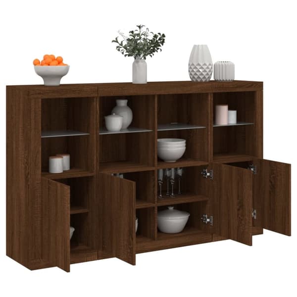 The Living Store Senkit LED-valoilla 3 kpl ruskea tammi tekninen puu -  Tarjoilupöydät & senkit