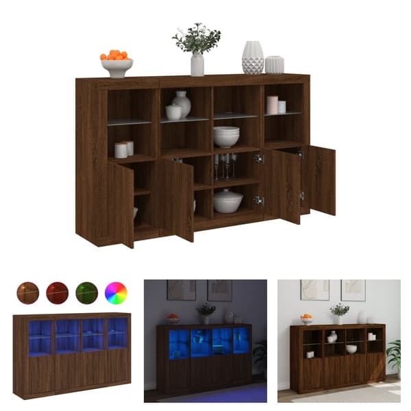 The Living Store Senkit LED-valoilla 3 kpl ruskea tammi tekninen puu -  Tarjoilupöydät & senkit