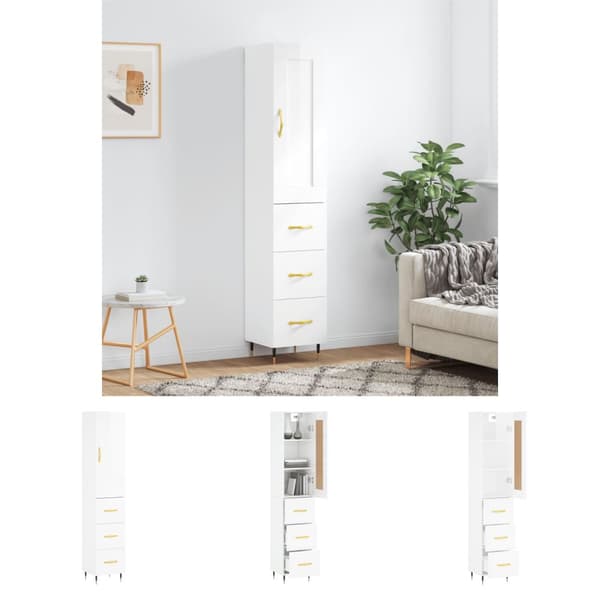 The Living Store Högskåp vit högglans 34,5x34x180 cm konstruerat trä -  Skänkar & serveringsbord