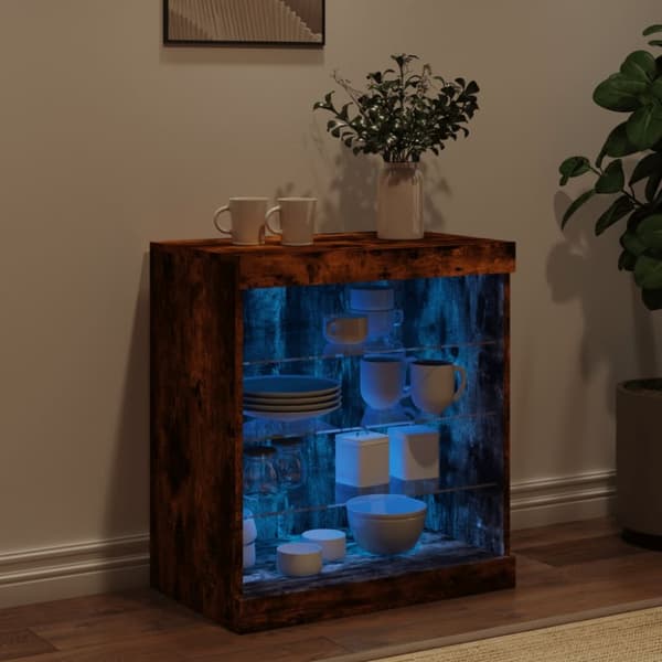 The Living Store Senkki LED-valoilla savutammi 60,5x37x67 cm - Tarjoilupöydät & senkit