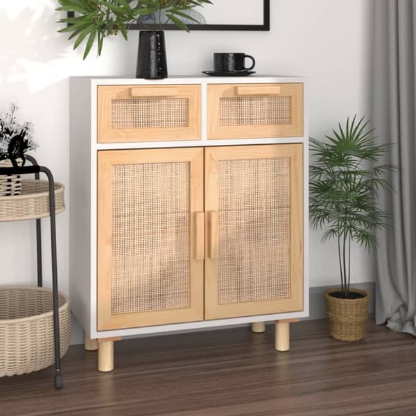 Senkki valkoinen 60x30x75 cm täysi mänty ja luonnonrottinki - Senkki - Senkit - Home & Living