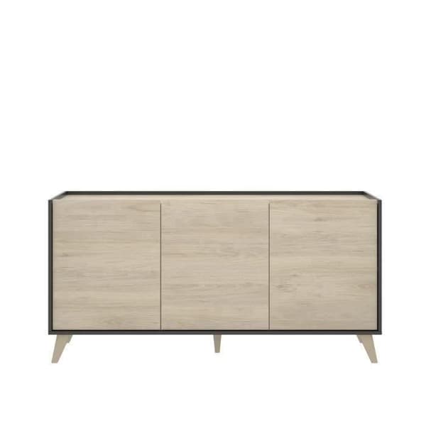 Skänk - Spånskiva - Lätt trä och grafit - 3 dörrar - Ness - B 155 x D 43 x H 75 cm