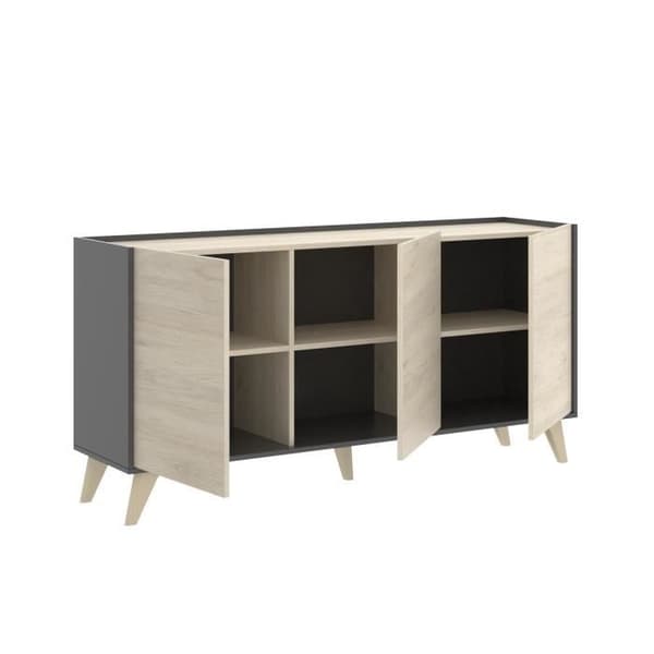 Skänk - Spånskiva - Lätt trä och grafit - 3 dörrar - Ness - B 155 x D 43 x H 75 cm