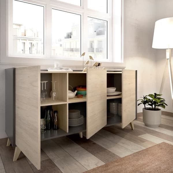 Skänk - Spånskiva - Lätt trä och grafit - 3 dörrar - Ness - B 155 x D 43 x H 75 cm