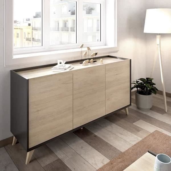 Skänk - Spånskiva - Lätt trä och grafit - 3 dörrar - Ness - B 155 x D 43 x H 75 cm