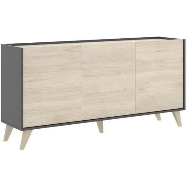 Skänk - Spånskiva - Lätt trä och grafit - 3 dörrar - Ness - B 155 x D 43 x H 75 cm
