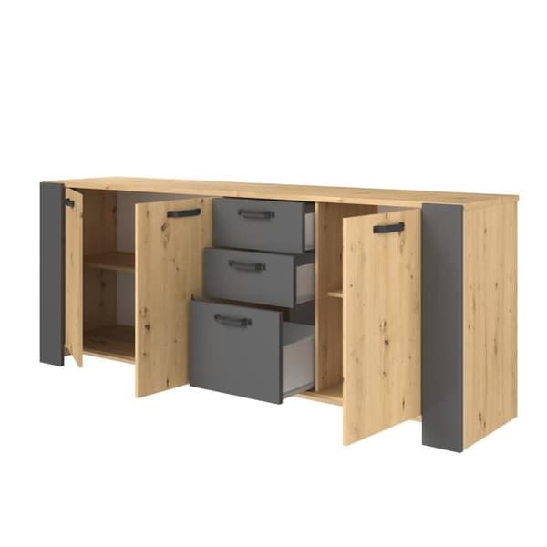 LOFT skänk - Hantverkare ek och skugggrå melamindekor - 3 luckor och 3 lådor - L 220 x D 52 x H 86,5 cm - PARISOT
