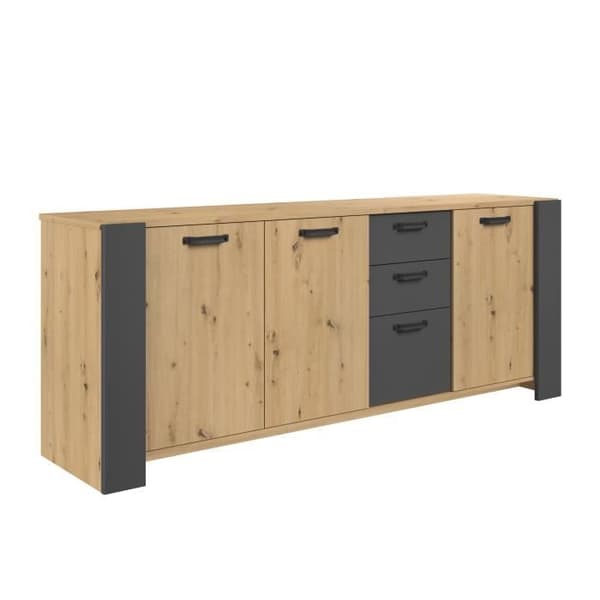 LOFT skänk - Hantverkare ek och skugggrå melamindekor - 3 luckor och 3 lådor - L 220 x D 52 x H 86,5 cm - PARISOT