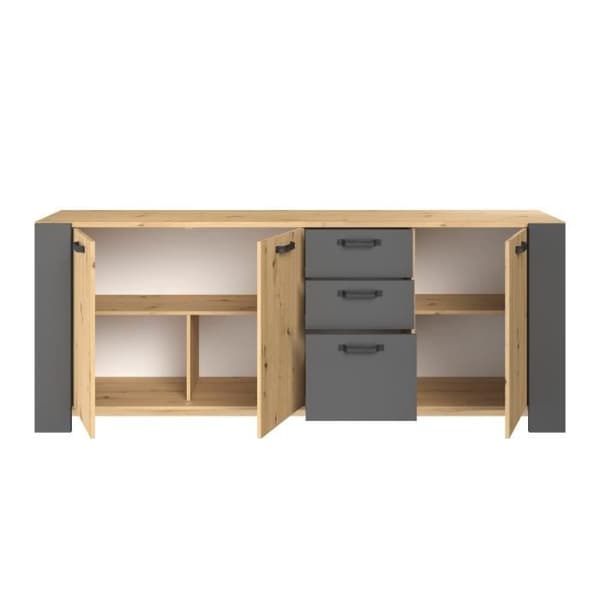 LOFT skänk - Hantverkare ek och skugggrå melamindekor - 3 luckor och 3 lådor - L 220 x D 52 x H 86,5 cm - PARISOT