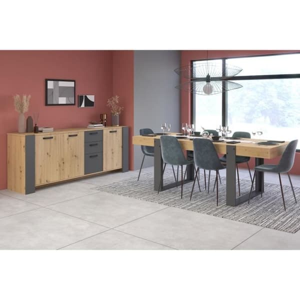 LOFT skänk - Hantverkare ek och skugggrå melamindekor - 3 luckor och 3 lådor - L 220 x D 52 x H 86,5 cm - PARISOT