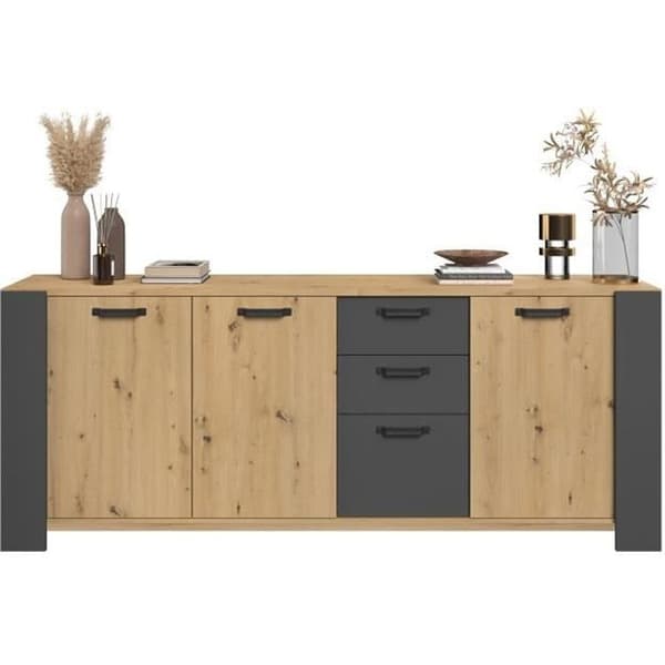 LOFT skänk - Hantverkare ek och skugggrå melamindekor - 3 luckor och 3 lådor - L 220 x D 52 x H 86,5 cm - PARISOT