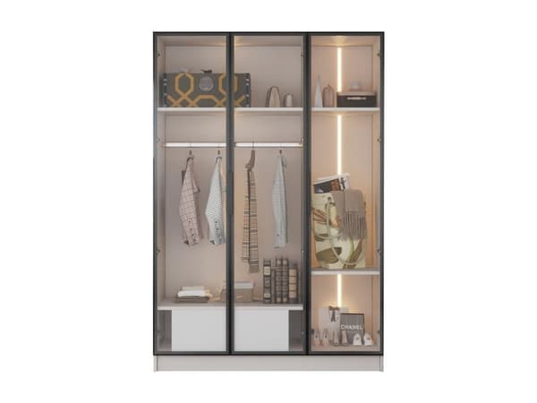 Glasskab H 160 cm med LED lys - 3 glaslåger og 1 skuffe - Hvid