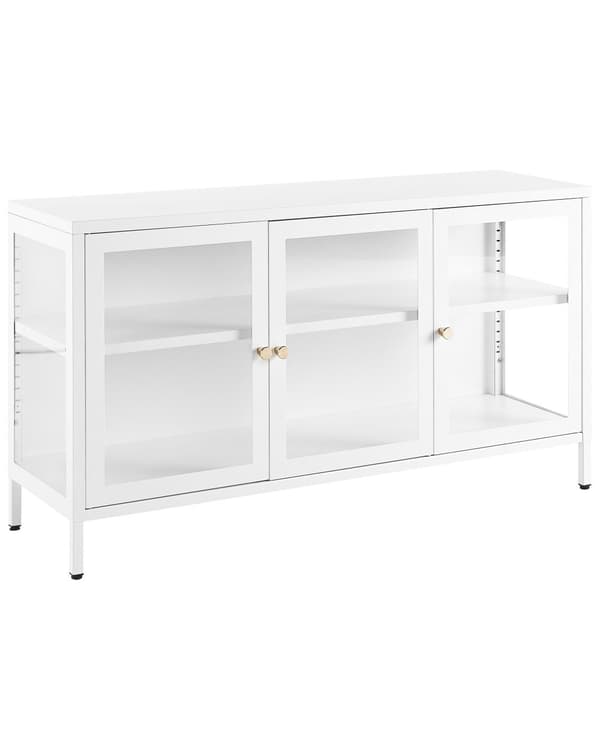 Skænk med Glaslåger Hvid Lav Metal Vitrine Kommode med Låger Industrielt Opbevaring Lang til Stuen TV Skænk Møbel Design