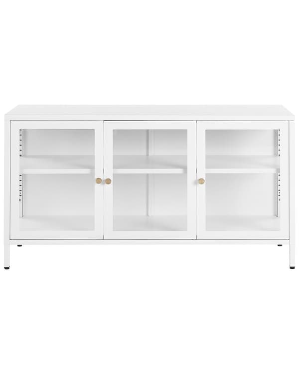 Skænk med Glaslåger Hvid Lav Metal Vitrine Kommode med Låger Industrielt Opbevaring Lang til Stuen TV Skænk Møbel Design