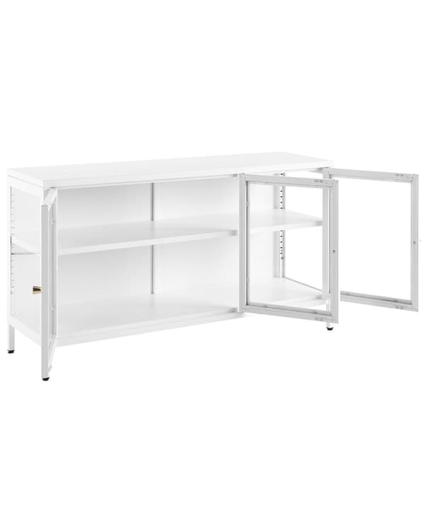 Skænk med Glaslåger Hvid Lav Metal Vitrine Kommode med Låger Industrielt Opbevaring Lang til Stuen TV Skænk Møbel Design