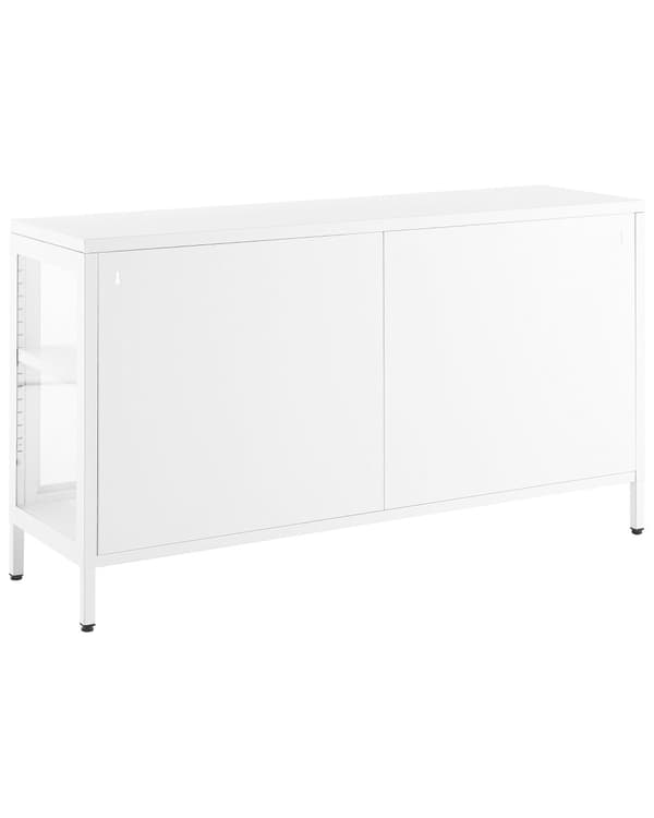 Skænk med Glaslåger Hvid Lav Metal Vitrine Kommode med Låger Industrielt Opbevaring Lang til Stuen TV Skænk Møbel Design