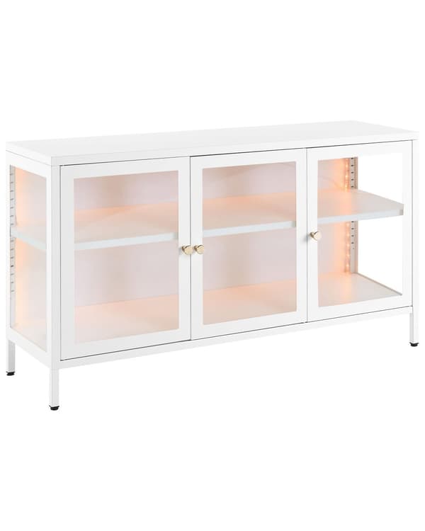 Skænk med Glaslåger Hvid Lav Metal Vitrine Kommode med Låger Industrielt Opbevaring Lang til Stuen TV Skænk Møbel Design