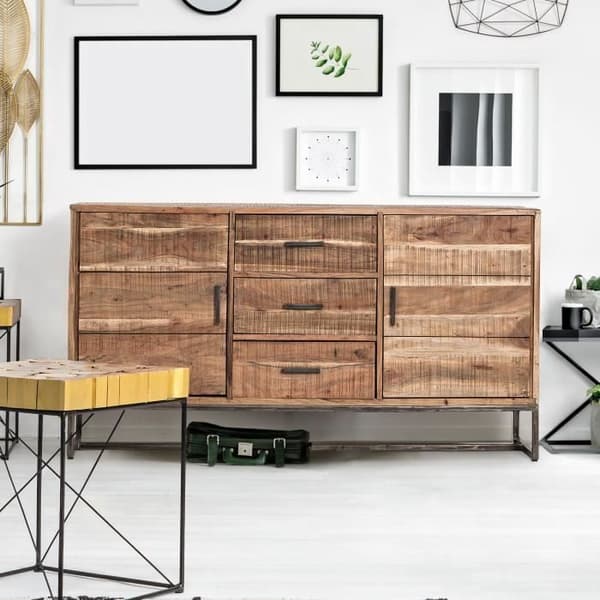 Skänk 2 dörrar 3 lådor 145x40x77 cm i akacia och metall - NESLY