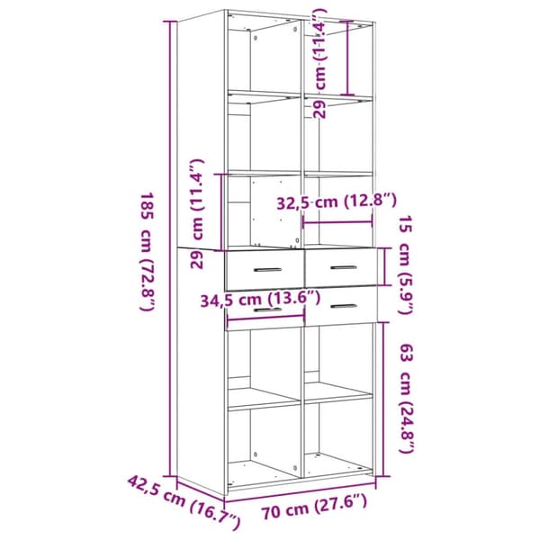 vidaXL Highboard svart 70x42,5x185 cm konstruert tre