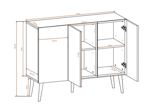 Kocot Toronto senkki 120cm, 3 kaappia, säädettävä hyllykorkeus, valkoinen/beige