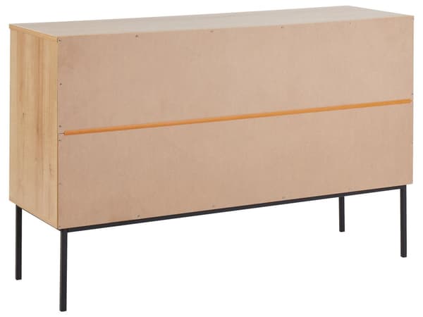 Rattan 6 skuffers commode lyst træ med rottingskuffer foran skænk foran sort ramme metalben boho-stil stue