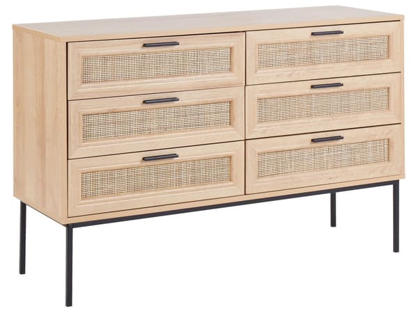 Skänk med 6 Lådor Ljust Trä med Rottinglådor Byrå Svart Ram Metallben Vardagsrum Boho-stil Vardagsrum Sovrum Hall
