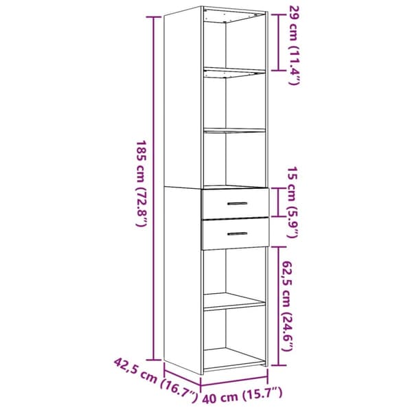 vidaXL Kaappi Sonoma-tammi 40x42,5x185 cm tekninen puu
