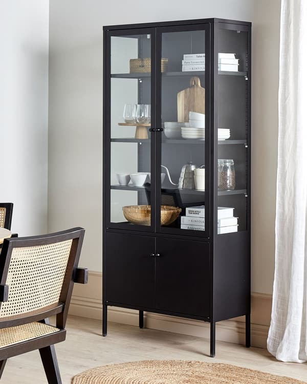 Vitrinskåp Svart Stål 80 x 35 x 180 cm Metall 4 Dörrar Glas Front och Sidor Display Industriell Design Kontor Vardagsrum Kök