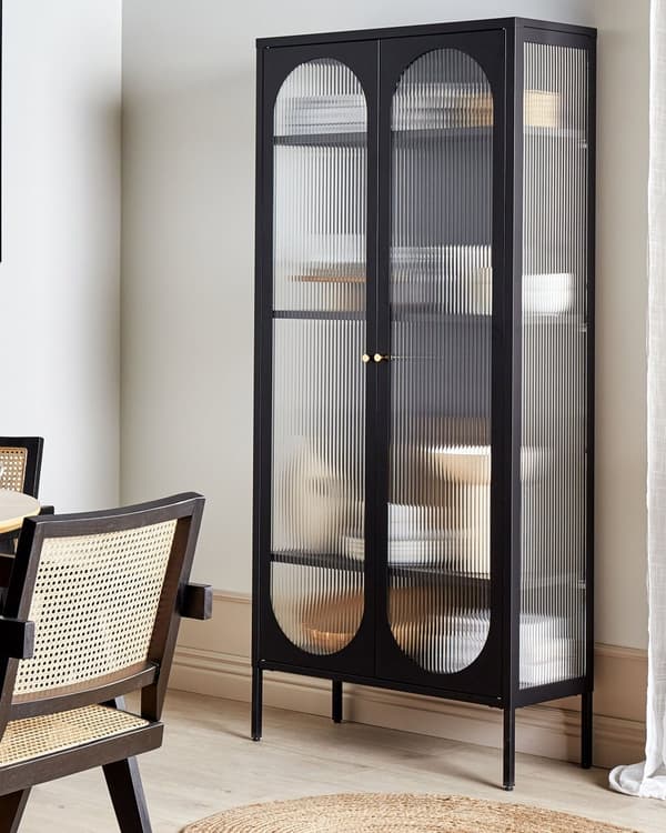 Vitrinskåp Svart Stål 80 x 35 x 181 cm 2 Glasdörrar Display Modern Industriell Design Vardagsrum Kontor Kök