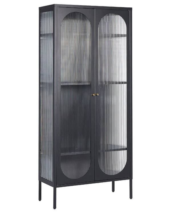 Vitrinskåp Svart Stål 80 x 35 x 181 cm 2 Glasdörrar Display Modern Industriell Design Vardagsrum Kontor Kök