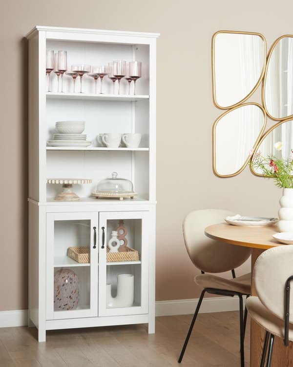 Prydnadsskåp Vit MDF med Hyllor och Glas Display Matsal