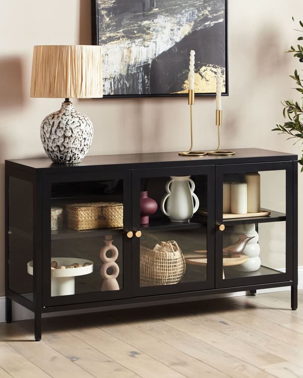 LED-skjenk med 3 dører Svart stål herdet glass Justerbare hyller Benkapper Stue Møbler Moderne design