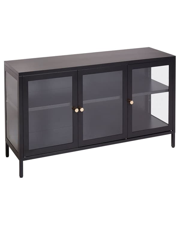 LED-skjenk med 3 dører Svart stål herdet glass Justerbare hyller Benkapper Stue Møbler Moderne design