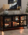 Miniatyrbilde 2 av 11: LED-skjenk med 3 dører Svart stål herdet glass Justerbare hyller Benkapper Stue Møbler Moderne design
