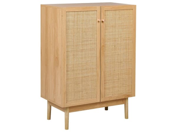 Skænk lys spånplade fyrretræsben 73 x 41 x 102 cm med hylder rattanlåger boho rustik stil