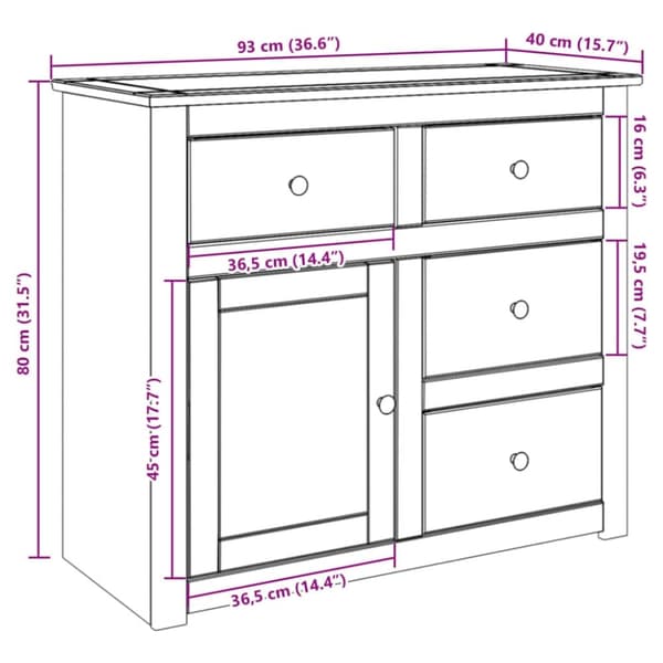 vidaXL Skjenk med skuffer Panama 93x40x80 cm heltre furu