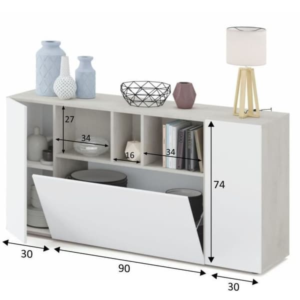 LOIRA skänk - Melamin - Artik vit och cement - 3 dörrar + 3 förvaringsnischer - B 150 x D 41 x H 76 cm