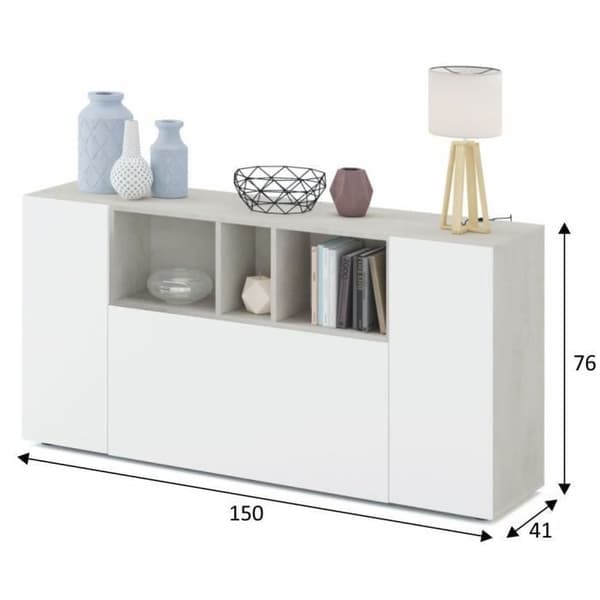 LOIRA skänk - Melamin - Artik vit och cement - 3 dörrar + 3 förvaringsnischer - B 150 x D 41 x H 76 cm