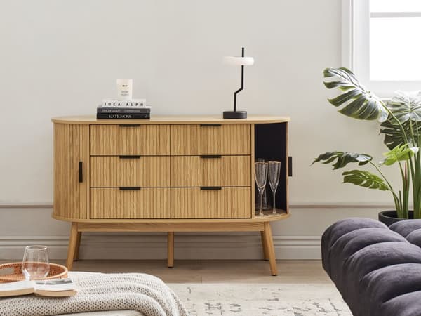 Kommode lyst træ MDF 6 skuffer 2 par skydelåger træben skydelåger