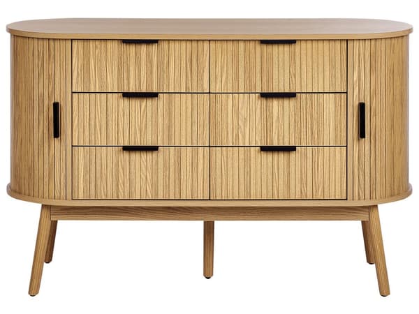 Kommode lyst træ MDF 6 skuffer 2 par skydelåger træben skydelåger