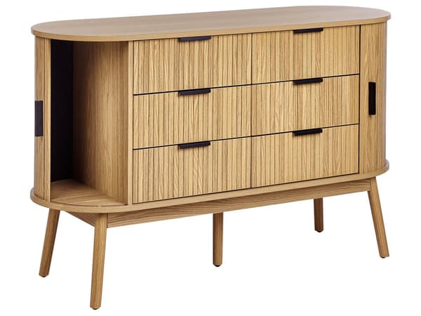 Kommode lyst træ MDF 6 skuffer 2 par skydelåger træben skydelåger