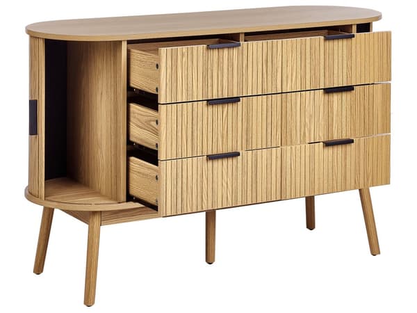 Kommode lyst træ MDF 6 skuffer 2 par skydelåger træben skydelåger