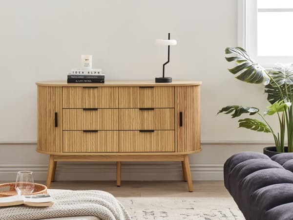 Kommode lyst træ MDF 6 skuffer 2 par skydelåger træben skydelåger